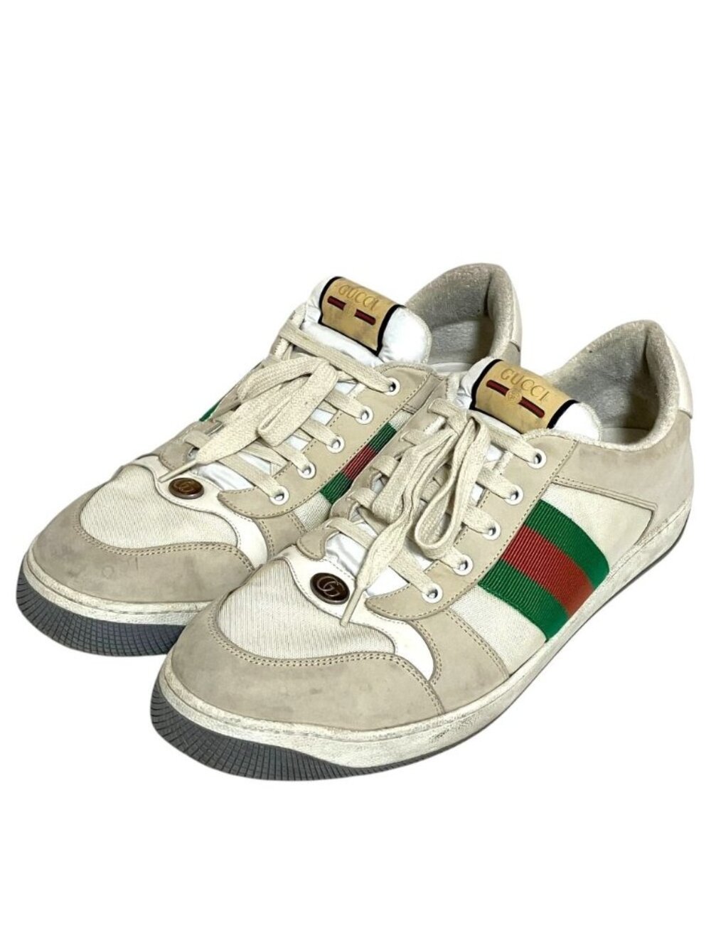 Gucci Web Line Sherry Screener Low Cut Leather Sneakers 14 33 White Beige